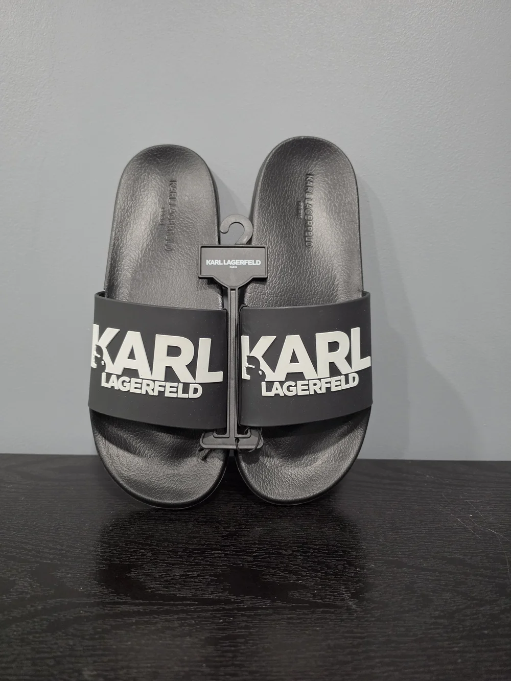 Karl Lagerfeld Black; White Logo Slide Sandals for Men